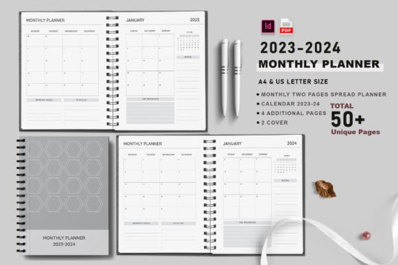 Printable Monthly Planner 2023-24 Gráfico Interiores KDP Por Design Zone