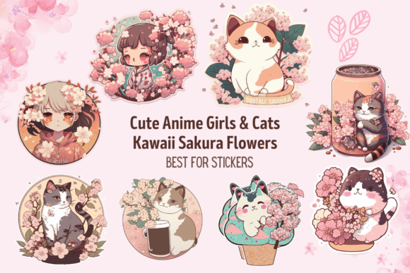 Anime & Sakura Cherry Blossom Stickers Graphic Illustrations By TEAM20