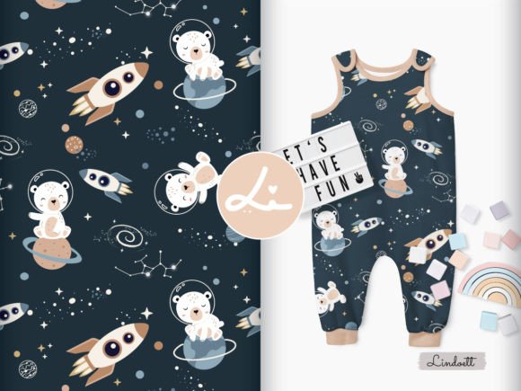 Seamless Pattern with Cute Bear in Space Graphic Patterns By lindoet23