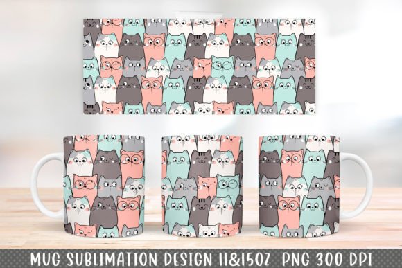 Doodle Cats Pattern Mug Wrap 11&15oz. Illustration Artisanat Par NadineStore