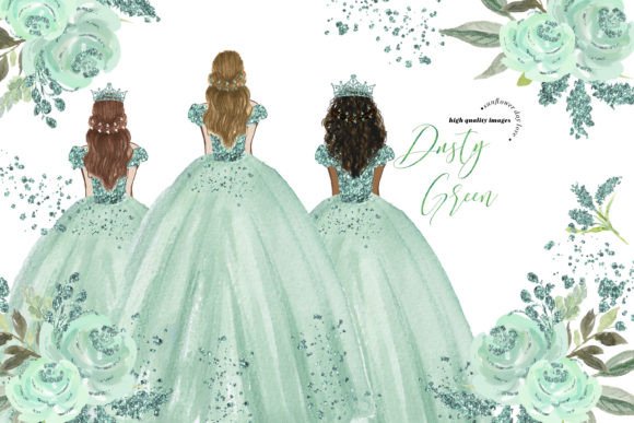 Elegant Dusty Green Princess Clipart Graphic Illustrations By SunflowerLove
