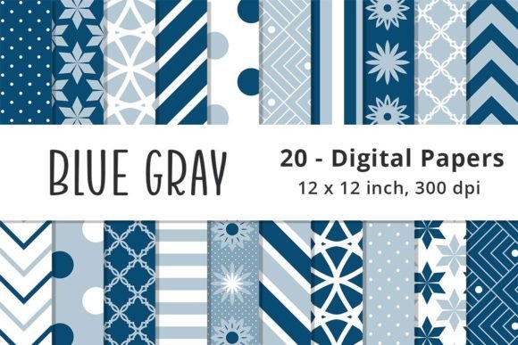 Blue Gray Digital Paper Patterns Illustration Modèles de Papier Par Lemon Paper Lab