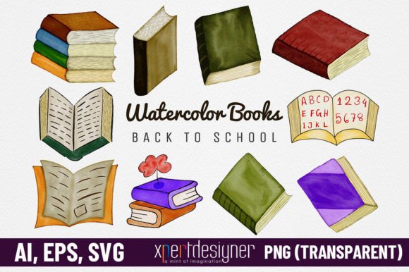 Hand Drawn Watercolor Books Vector Graphic Illustrations By XpertDesigner