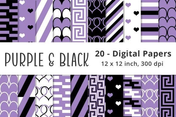Purple and Black Hearts Pattern Paper Gráfico Patrones de Papel Por Lemon Paper Lab