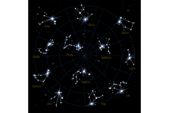 Zodiac Constellation in Night Sky Backgr Graphic Illustrations By microvectorone
