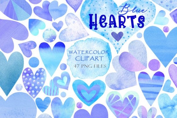 Blue Hearts Watercolor Set Graphic Illustrations By TanyaPrintDesign