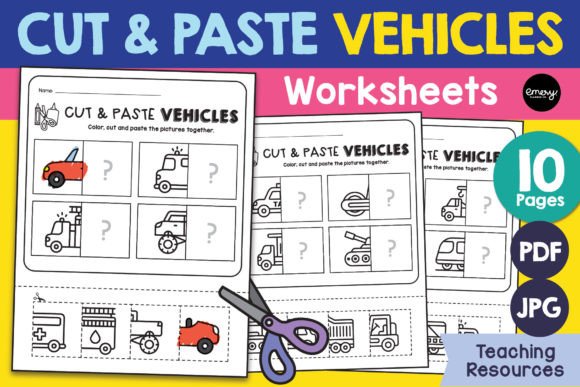 Cut and Paste Vehicles Worksheets Graphic PreK By Emery Digital Studio