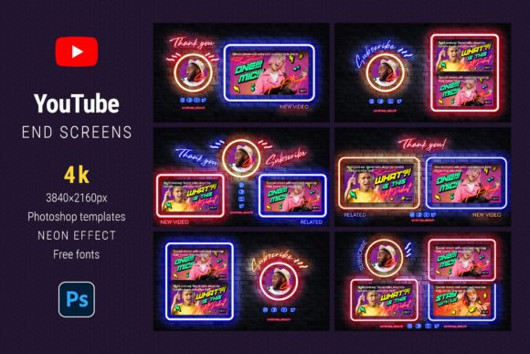 Neon YouTube End Screens Graphic Social Media Templates By Sko4