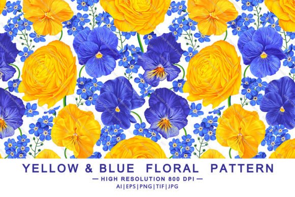 Yellow & Blue Floral Pattern Graphic Patterns By MPetrovskaya