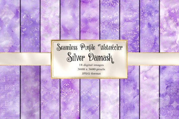 Purple and Silver Watercolor Damask Graphic Textures By Digital Curio
