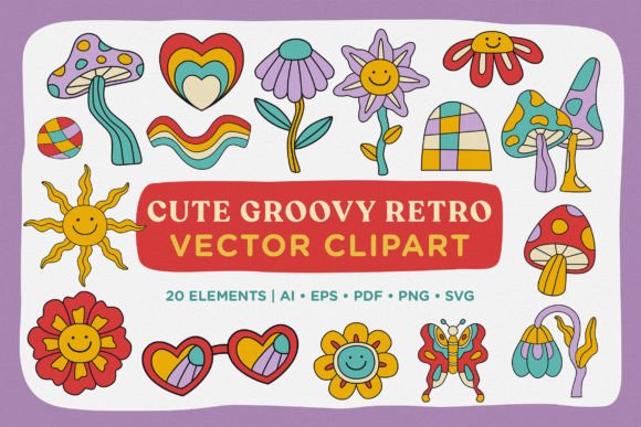 Cute Groovy Retro Vector Clipart Pack Graphic Objects By Telllu