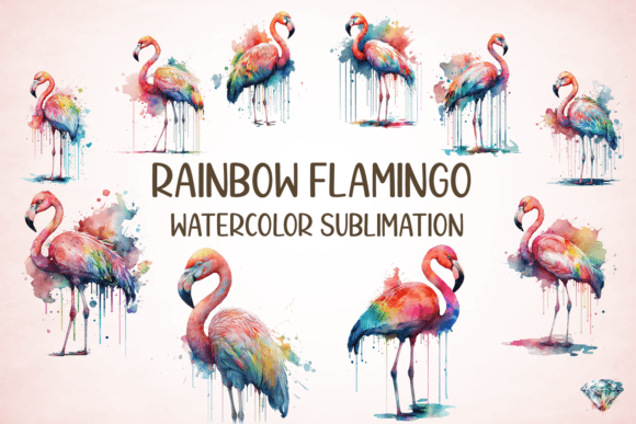 Rainbow Flamingo Watercolor Sublimation Gráfico Ilustraciones Imprimibles Por Gemstone