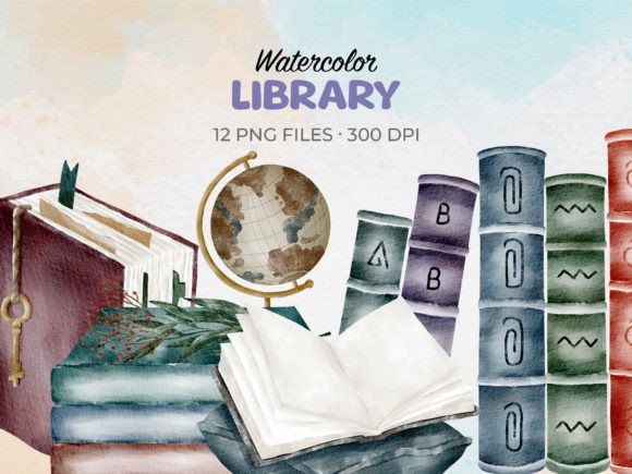 Watercolor Library and Book Clip Art Grafik Druckbare Illustrationen Von Baddesigner