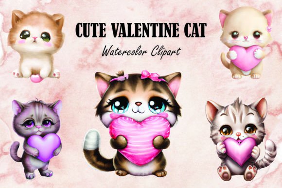 Cute Valentine Cat Holding Heart Clipart Gráfico Plantillas de Impresión Por Mappingz