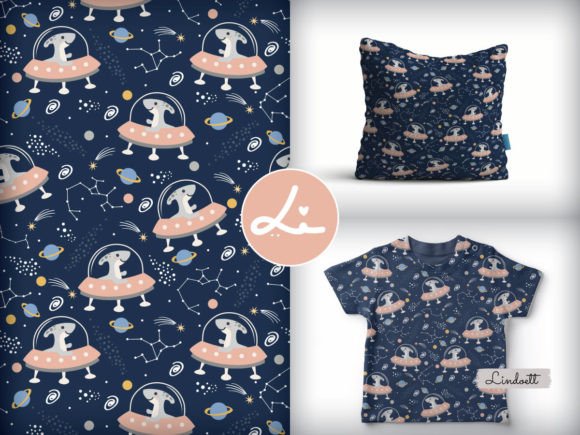 Seamless Pattern Cute Dino in Spaceships Graphic Patterns By lindoet23
