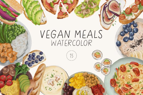 Watercolor Vegan Meals Illustrations Afbeelding Afdrukbare Illustraties Door Lshvsk