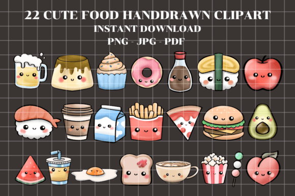 22 Cute Food Handdrawn Cliparts Gráfico Ilustraciones Imprimibles Por Adalin Digital