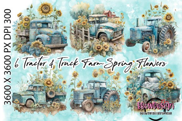 6 Blue Tractor & Truck Farm Sunflowers Graphic AI Generated By BbowDesign