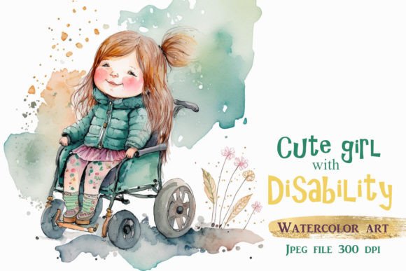 Girl with Disability Watercolor Art Graphic AI Illustrations By Magiclily