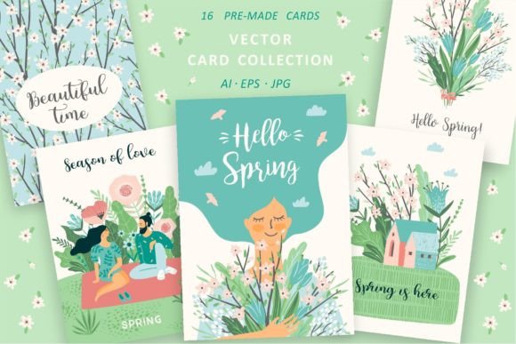 Hello Spring! Vector Card Collection Graphic Illustrations By Nadia Grapes
