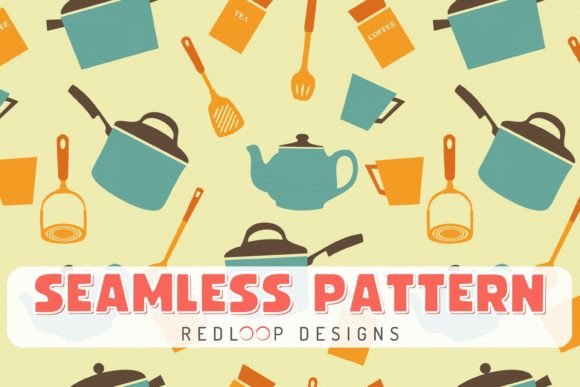 Kitchen Utensils Seamless Pattern Gráfico Patrones de Papel Por redLoopDesigns