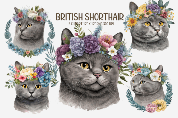 Watercolor Floral British Shorthair Cat Graphic Illustrations By Gemstone