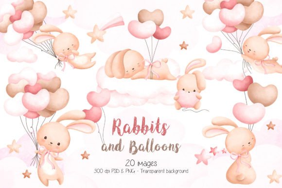 Watercolor Rabbit Girl and Balloons Graphic Illustrations By Stellaart