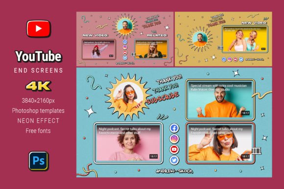Colorful YouTube End Screens Graphic Social Media Templates By Sko4