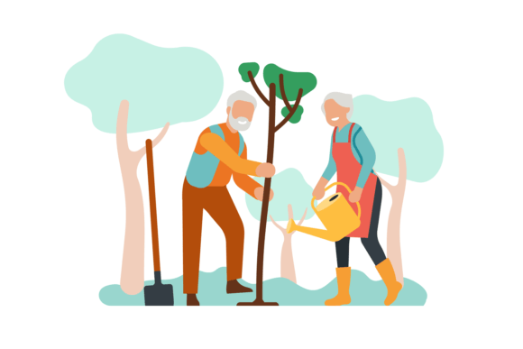 Elderly People Planting Tree. Senior Fam Graphic Illustrations By vectorbum