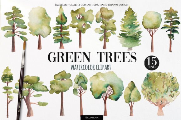 Watercolor Green Trees Clipart Graphic Illustrations By HappyWatercolorShop