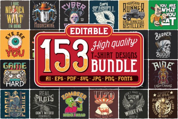 153 Editable Tshirts BUNDLE Gráfico Diseños de Camisetas Por Vozzy Vintage Fonts And Graphics