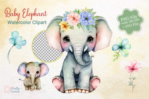 Baby Elephant with Flowers Clipart Graphic Illustrations By Crafty Corner