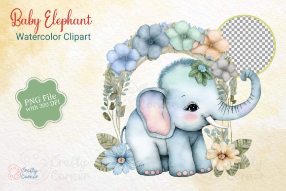 Baby Elephant with Flowers Clipart Graphic Illustrations By Crafty Corner