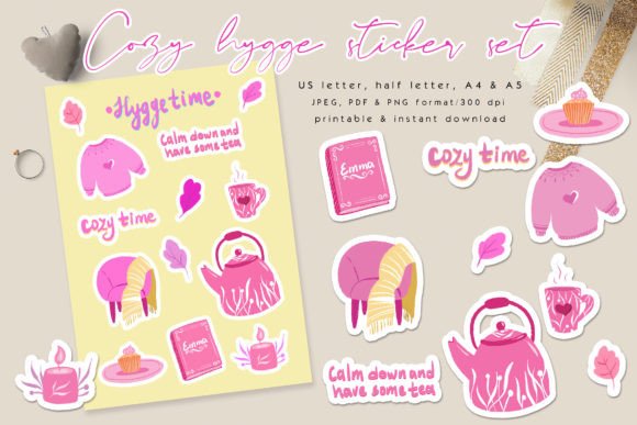 Get Cozy Printable Stickers Pack Grafik Druck-Vorlagen Von Yelloo Fish