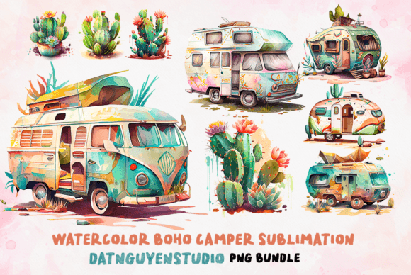 Watercolor Boho Camper Sublimation PNG Graphic Crafts By Tumbler Wraps