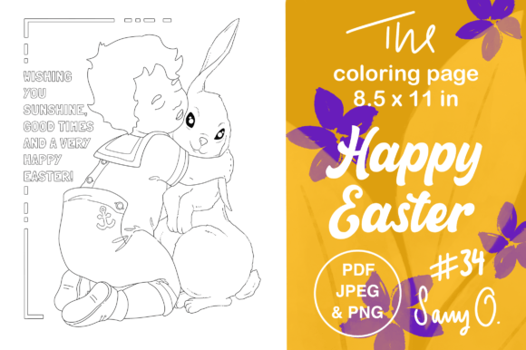 Happy Easter Wishes Boy Rabbit Bunny PNG Graphic Coloring Pages & Books Adults By Sany O.