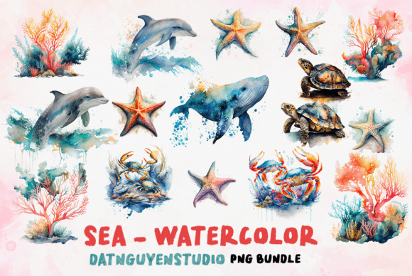 Watercolor Animal Ocean Sublimation PNG Graphic Crafts By Tumbler Wraps