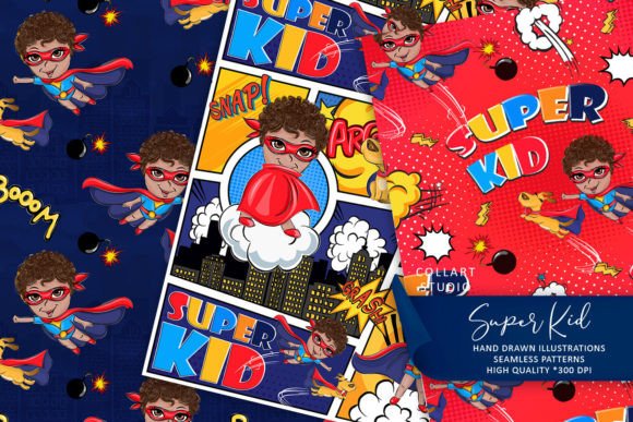 Super Kid, Cute Comic Seamless Patterns Gráfico Padrões de Papel Por collartstudio