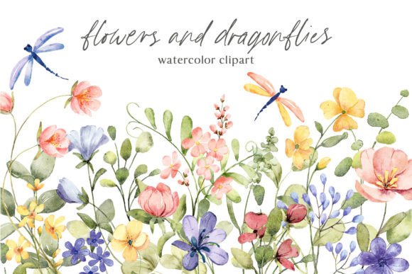 Flowers and Dragonflies. Grafik Druckbare Illustrationen Von Larisa Maslova