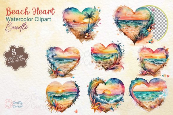 Beach Heart Watercolor Clipart Bundle Gráfico Ilustrações para Impressão Por Crafty Corner