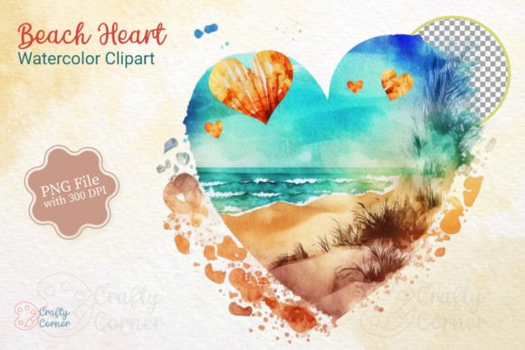 Beach Heart Watercolor Clipart Gráfico Ilustrações para Impressão Por Crafty Corner