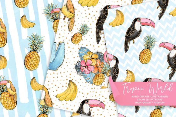 Tropic World Cute Patterns, Animals Illustration Modèles de Papier Par collartstudio