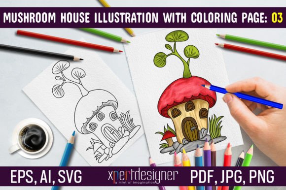 Mushroom House Vector with Coloring Page Graphic Illustrations By XpertDesigner