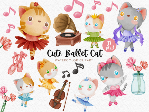 Cute Ballet Cat Watercolor Clipart Gráfico Ilustraciones Imprimibles Por Akiravilla