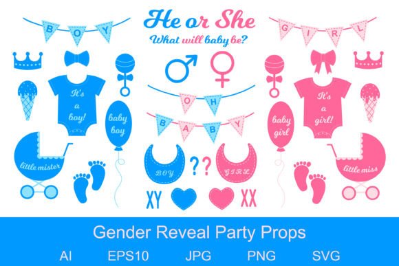 Gender Reveal Party Props Set Graphic Illustrations By VikkiShop
