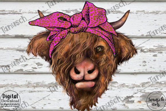 Highland Cow Leopard Bandana Sublimation Graphic Illustrations By TanuschArts
