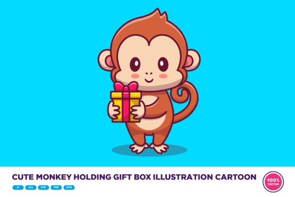Cute Monkey Holding Gift Box Cartoon Gráfico Ilustrações para Impressão Por catalyststuff
