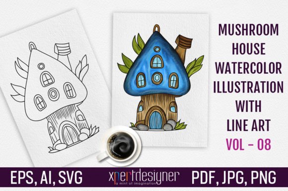 Mushroom House Vector with Line Art - 08 Graphic Illustrations By XpertDesigner