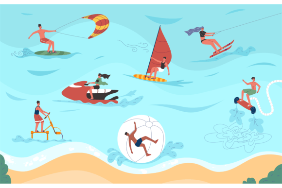 Different Sea Sports. People Relaxing on Illustration Illustrations Imprimables Par vectorbum