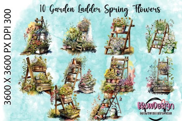 10 Garden Ladder Spring Flowers PNG Graphic Illustrations By BbowDesign